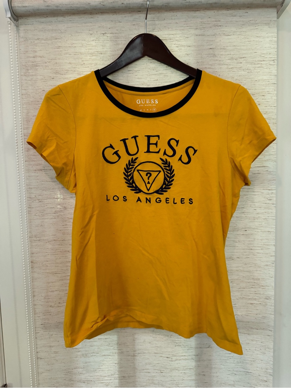 GUESS Los Angeles Women's Mustard Yellow Graphic Ringer T-Shirt